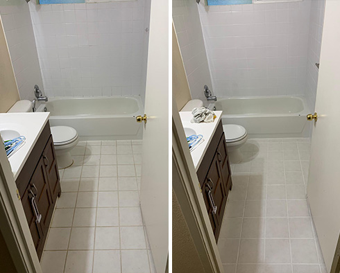 Bathroom Floor and Shower Before and After a Grout Cleaning in Huntersville