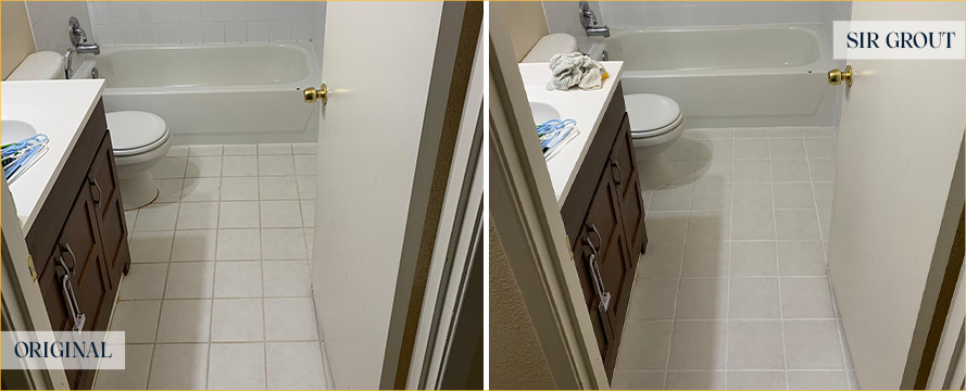 Bathroom Floor and Shower Before and After a Grout Cleaning in Huntersville