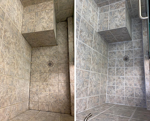 Shower Stall Before and After a Service from Our Tile and Grout Cleaners in Matthews