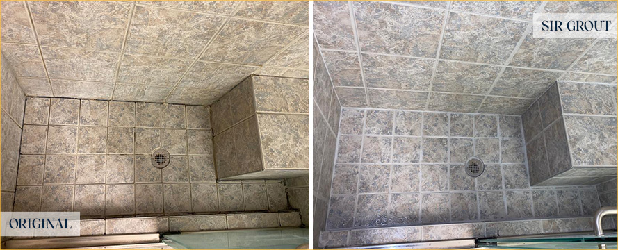 Shower Stall Before and After a Service from Our Tile and Grout Cleaners in Matthews