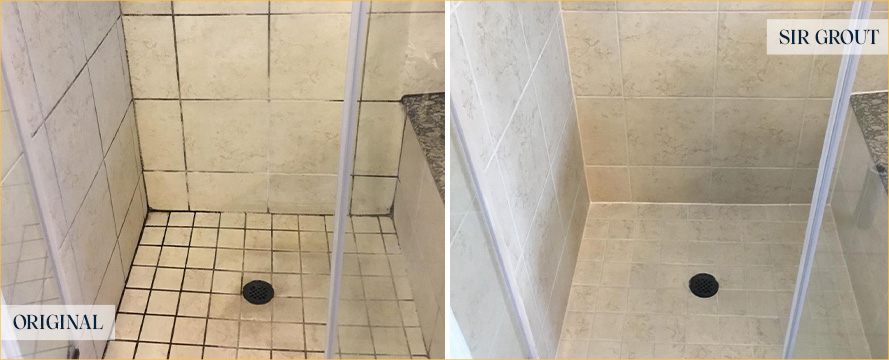Tile Shower Before and After a Grout Cleaning in Indian Trail