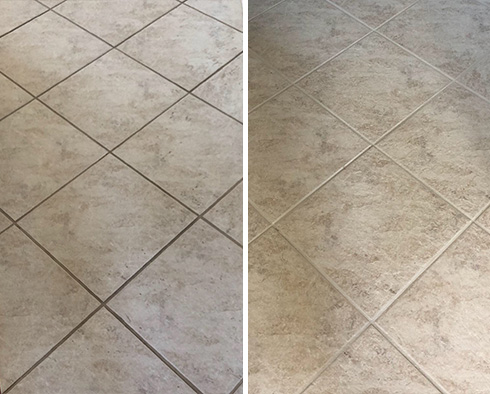 Tile Floor Before and After a Grout Cleaning in Matthews