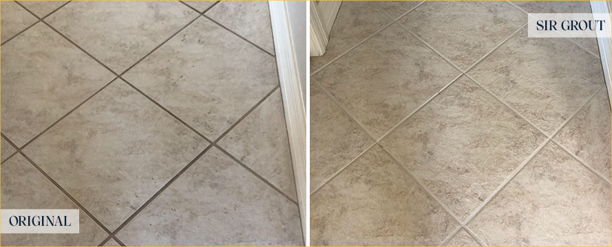 Tile Floor Before and After a Grout Cleaning in Matthews