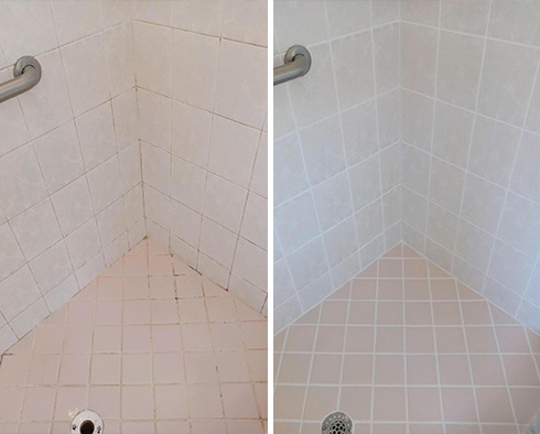 Tile Shower Before and After a Grout Cleaning in Matthews