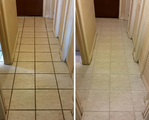 Tile Floor Before and After a Grout Cleaning in Davidson