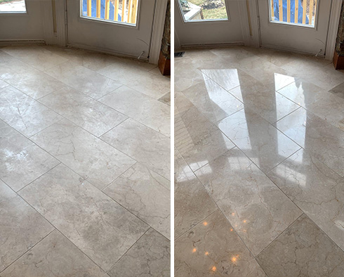Living Room Floor Before and After a Stone Cleaning in Pineville