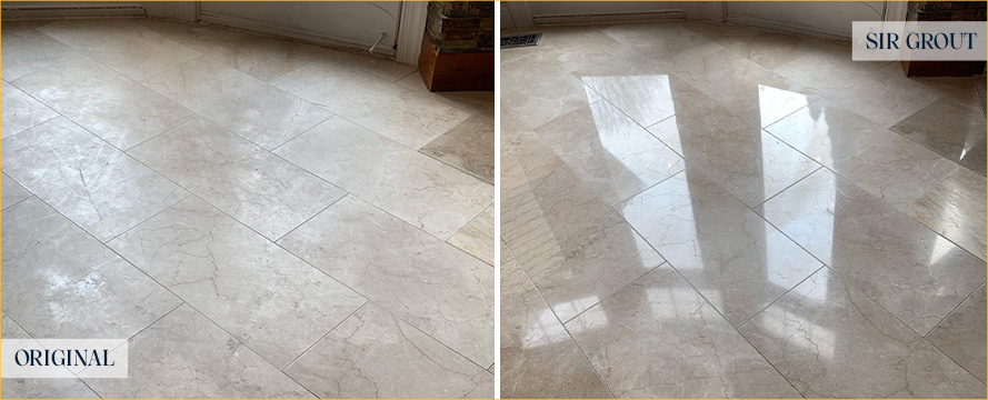 Living Room Floor Before and After a Stone Cleaning in Pineville