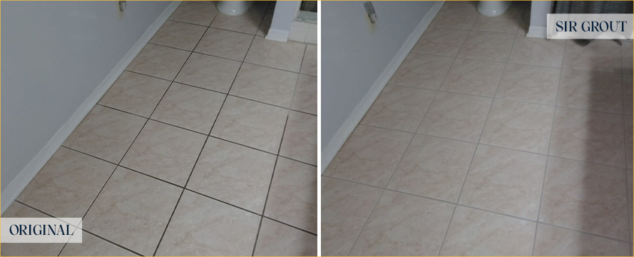 Bathroom Floor Before and After a Grout Cleaning in Matthews