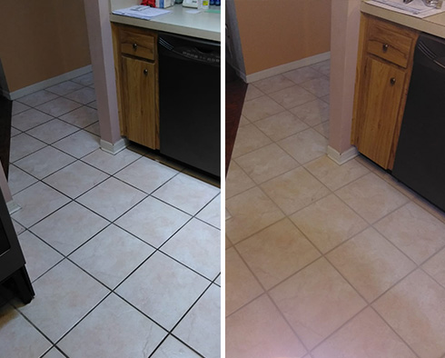 Kitchen Floor Before and After a Grout Cleaning in Matthews