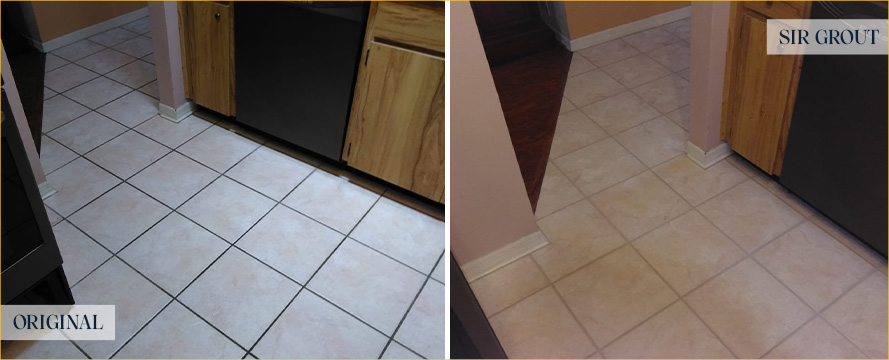 Kitchen Floor Before and After a Grout Cleaning in Matthews