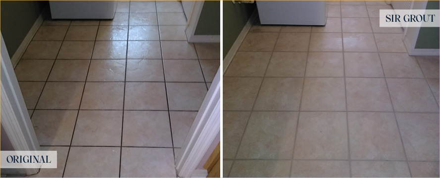 Ceramic Tile Floor Before and After a Grout Cleaning in Matthews