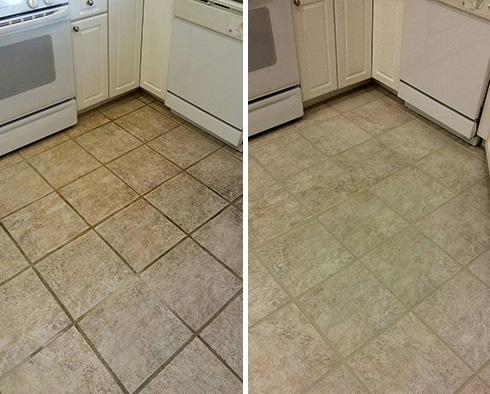 Kitchen Floor Before and After a Grout Sealing in Indian Trail