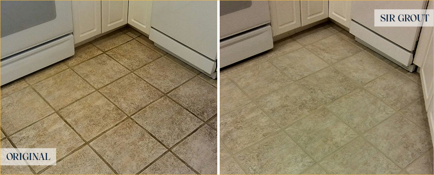 Kitchen Floor Before and After a Grout Sealing in Indian Trail