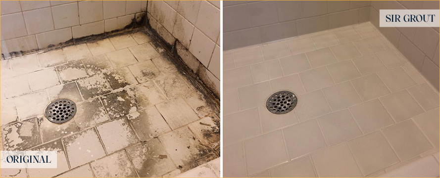 Shower Floor Before and After a Tile Cleaning in Charlotte