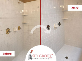 Before and After Picture of a Bathroom Grout Cleaning Service in Charlotte, North Carolina