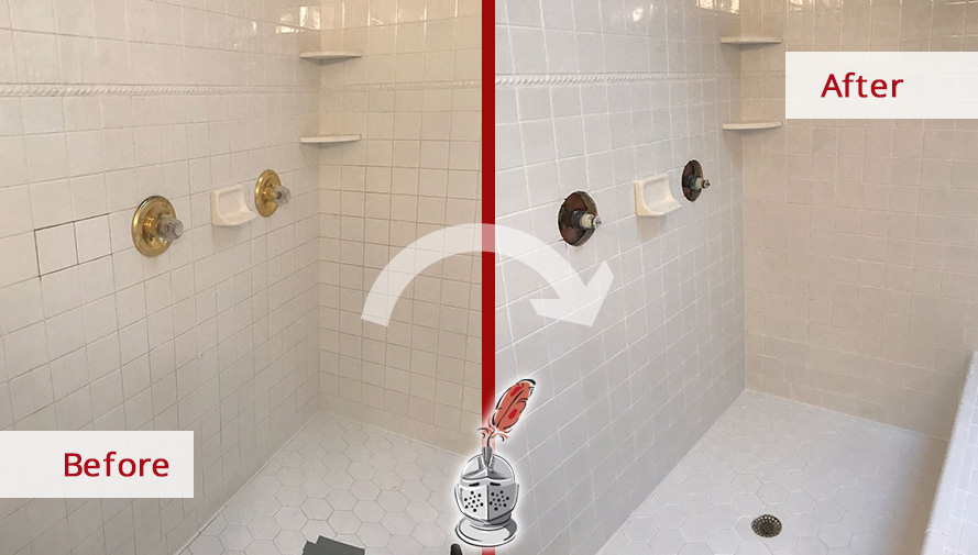 Before and After Picture of a Bathroom Grout Cleaning Service in Charlotte, North Carolina