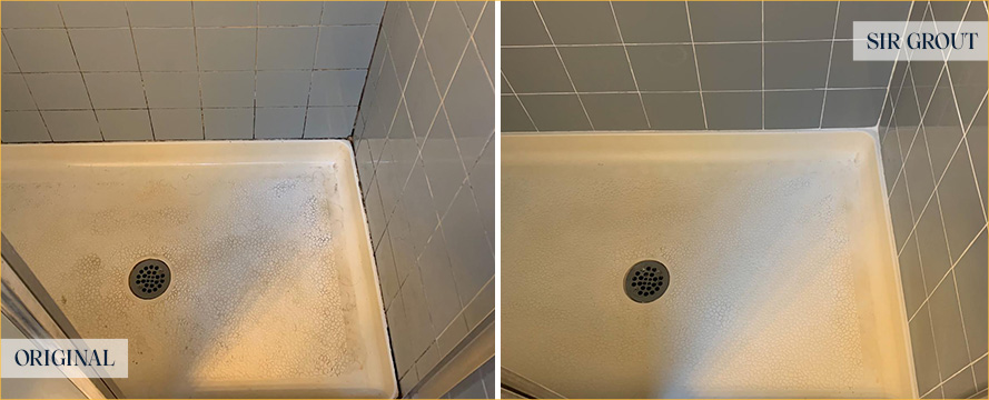 Shower Floor Before and After a Service from Our Tile and Grout Cleaners in Pineville