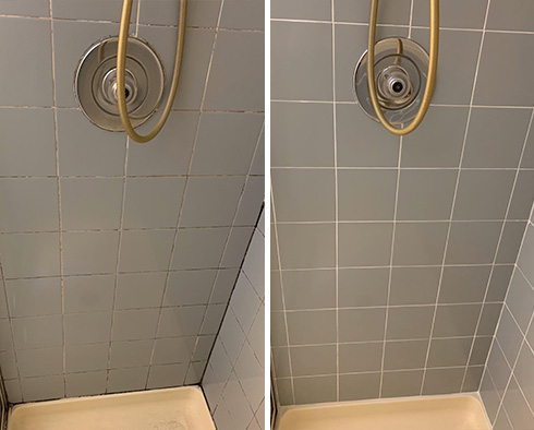 Shower Walls Before and After a Service from Our Tile and Grout Cleaners in Pineville