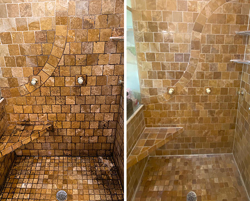 Master Shower Before and After a Stone Cleaning in Pineville
