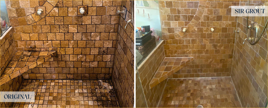 Master Shower Before and After a Stone Cleaning in Pineville