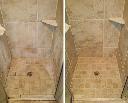 Shower Stall Before and After a Service from Our Tile and Grout Cleaners in Fort Mill