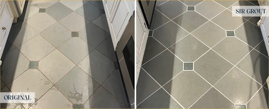 Kitchen Floor Before and After a Service from Our Tile and Grout Cleaners in Matthews