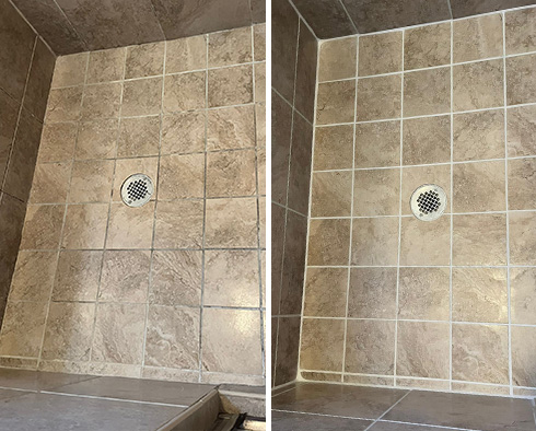 Shower Floor Before and After Our Culking Services in Waxhaw
