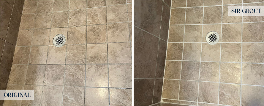 Shower Floor Before and After Our Culking Services in Waxhaw