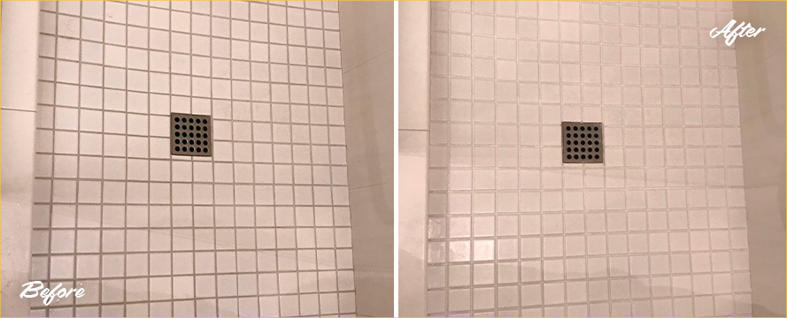 Before and After Picture of a Bathroom Floor Stone Sealing in Matthews, North Carolina