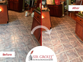 Before and After Picture of a Tile Floor Grout Sealing in Charlotte, North Carolina