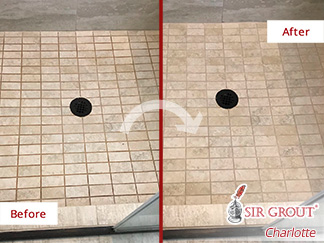 Before and After Picture of a Shower Floor Grout Sealing Service in Weddington, North Carolina