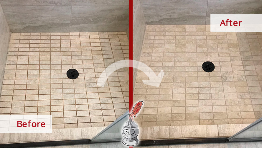 Before and After Picture of a Shower Floor Grout Sealing Service in Weddington, North Carolina