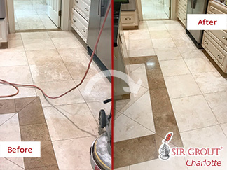 Before and After Picture of a Travertine Floor Stone Cleaning in Hilton Head Island, South Carolina