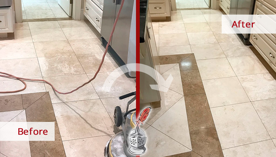 Before and After Picture of a Travertine Floor Stone Cleaning in Hilton Head Island, South Carolina