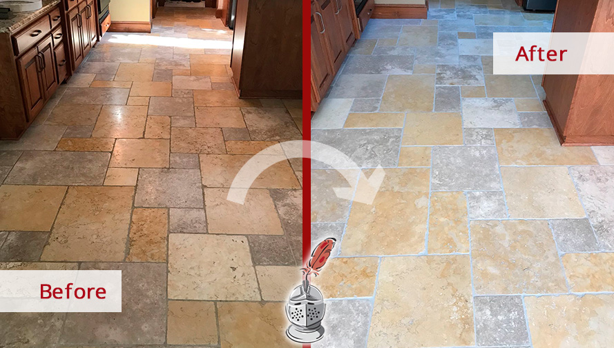 Before and After Picture of a Travertine Floor Stone Honing Service in Charlotte, North Carolina