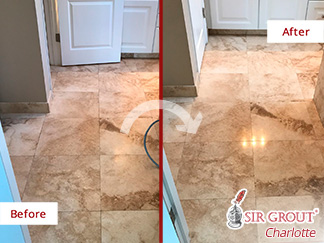 Before and After Picture of a Travertine Floor Stone Cleaning Service in Hilton Head Island, SC
