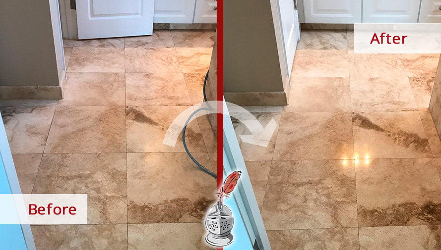 Before and After Picture of a Travertine Floor Stone Cleaning Service in Hilton Head Island, SC