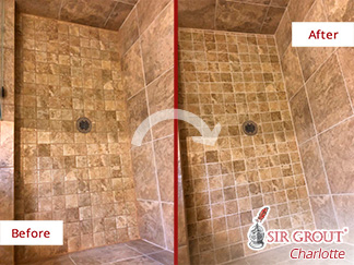 Before and After Picture of a Shower Grout Sealing Service in Charlotte, NC