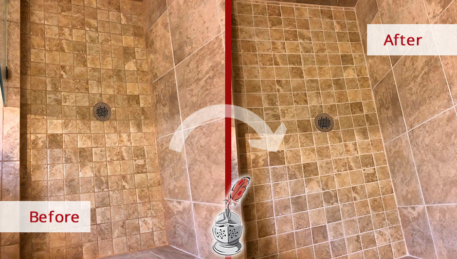 Before and After Picture of a Shower Grout Sealing Service in Charlotte, NC