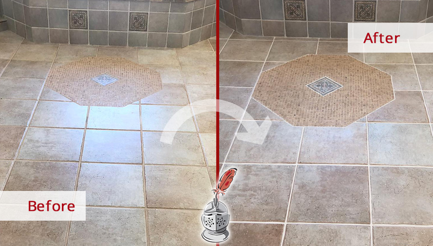 Before and after Picture of This Bathroom after a Grout Sealing Process in Charlotte, NC