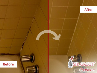 Before and After of a Shower Grout Cleaning and Recaulking in Charlotte