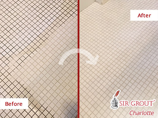 Before and After Picture of a Bathroom Floor After a Grout Sealing in Charlotte