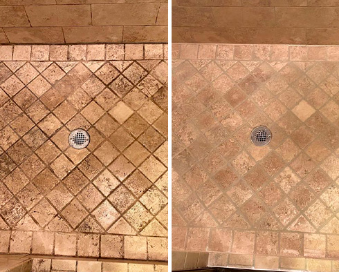 Picture of a Shower Floor Before and After a Grout Cleaning in Charlotte
