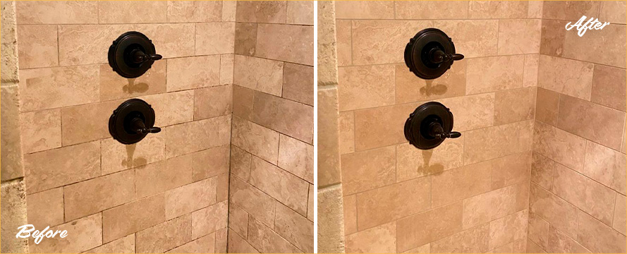 Picture of a Shower Before and After a Professional Grout Cleaning in Charlotte