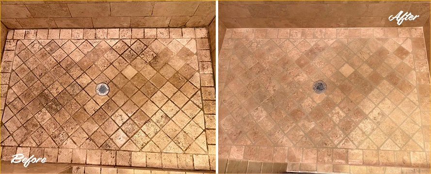 Picture of a Shower Floor Before and After a Professional Grout Cleaning in Charlotte