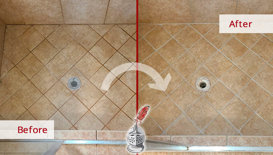 Image of a Shower Floor Before and After a Grout Cleaning in Waxhaw, NC