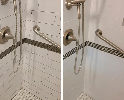 Image of a Shower Before and After Our Hard Surface Restoration Services in Charlotte