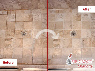 Shower Floor Before and After a Tile Cleaning in Davidson