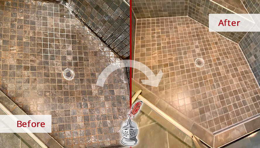 Image of a Shower Before and After Our Professional Hard Surface Restoration in Monroe, NC