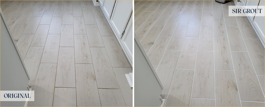 Kitchen Floor Before and After a Grout Recoloring in Charlotte